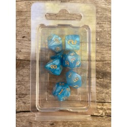 set de 7 dés pearl bleu turquoise écriture gothique encre dorée