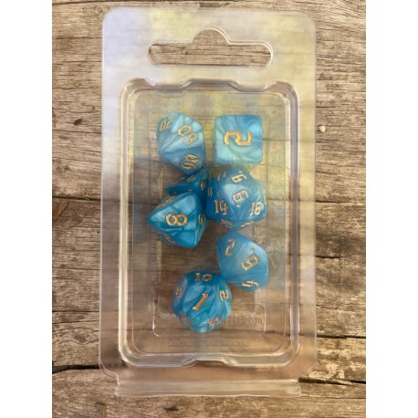 set de 7 dés pearl bleu turquoise écriture gothique encre dorée