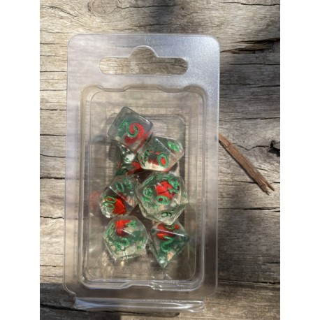 Blister kit de 7 des en resine avec coccinelle rouge print vert