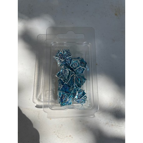 Kit De 7 Dés Métalliques Creux Faces Feuilles . Argenté & Bleu