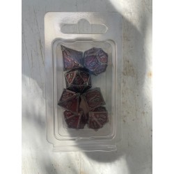 Kit De 7 Dés Métalliques . Couleur Argenté Sombre Type Dragon Enchaîné Fond Rouge Sang
