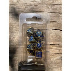 Kit De 7 Dés Métalliques Type Sword Teinte Dorée Fond Bleu