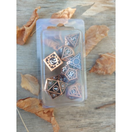 Kit De 7 Dés Métalliques Face Engrenage. Teinte Cuivre Print Blanc
