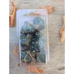 Kit De 7 Dés Métalliques . Bordure Souche . Teinte Bronze Sombre Bleu Scintillant