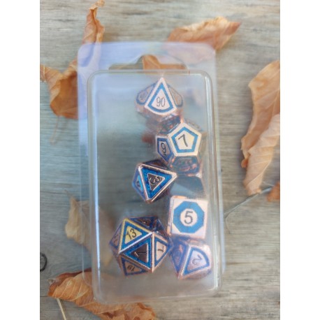 Kit De 7 Dés Métalliques Rétros Classiques En Relief Teinte Cuivre Et Bleu Clair