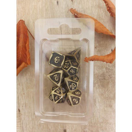 Kit De 7 Dés Métalliques . Motif Soleil . Teinte Bronze .noir