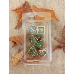Kit De 7 Dés Métalliques . Motif Dragonhead . Teinte Cuivre .vert Scintillant