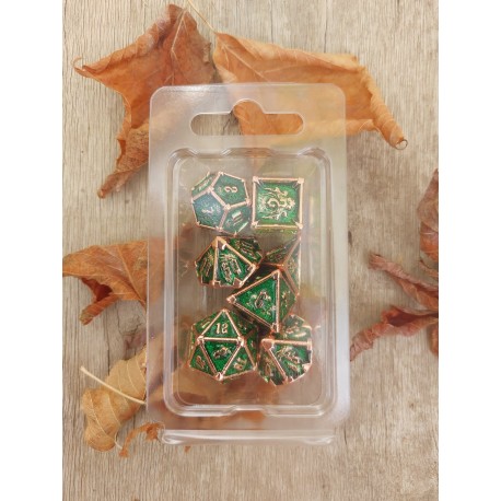 Kit De 7 Dés Métalliques . Motif Dragonhead . Teinte Cuivre .vert Scintillant