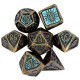 Kit De 7 Dés Métalliques . Motif Soleil . Teinte Bronze . Bleu Turquoise Scintillant