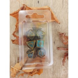Kit De 7 Dés Métalliques . Motif Soleil . Teinte Bronze . Bleu Turquoise Scintillant