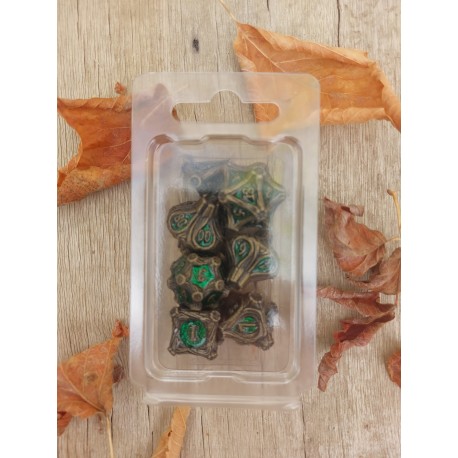 Kit De 7 Dés Métalliques . Bordure Souche . Teinte Bronze Sombre Vert Scintillant