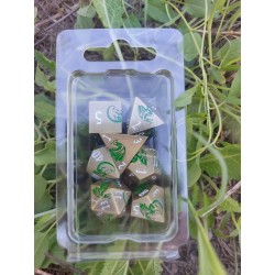 Kit De 7 Dés Métalliques . Multiface Dragons Verrts Fond Doré . Print Blanc