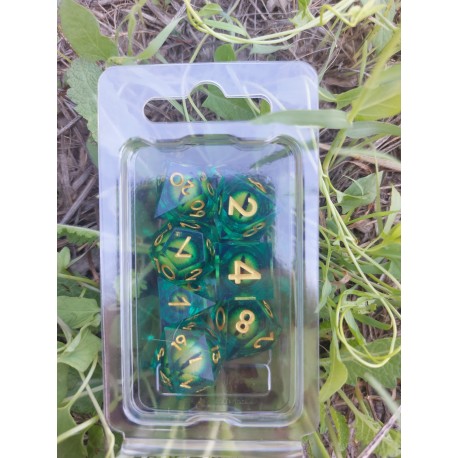 Blister Kit De 7 Des Résines. Vert Translucide . Oeil Vert Mouvant . Print Doré