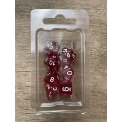 Set de 7 dés pailletés translucides rose foncé écriture blanche