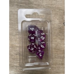 Set de 7 dés pailletés translucides violets écriture blanche