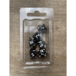 Set de 7 dés pailletés translucides noirs écriture blanche