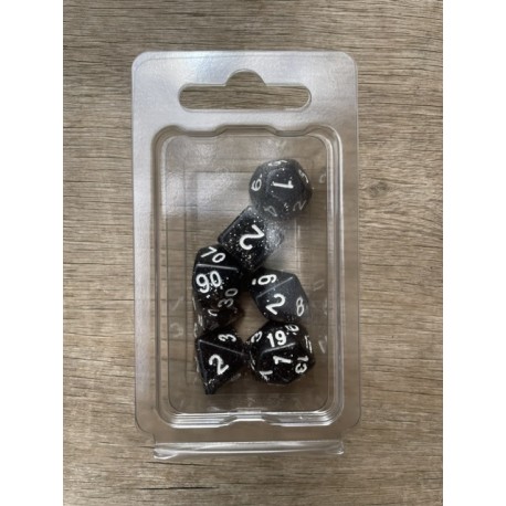 Set de 7 dés pailletés translucides noirs écriture blanche