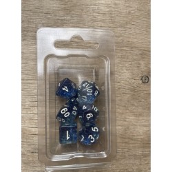 Set de 7 dés pailletés translucides bleu foncé écriture blanche
