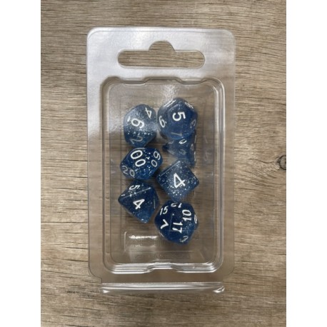 Set de 7 dés pailletés translucides bleu écriture blanche