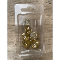 Set de 7 dés pailletés translucides champagne écriture blanche