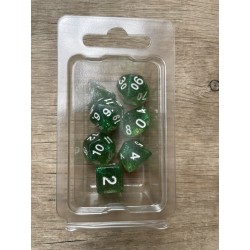 Set de 7 dés pailletés translucides verts écriture blanche