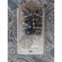 Set De 7 Dés Métalliques Creux Monstereye à L Intèrieur . Effet Argent Sombre. Print Bleu