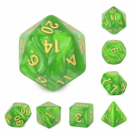 set de 7 dés pearl vert prairie encre dorée