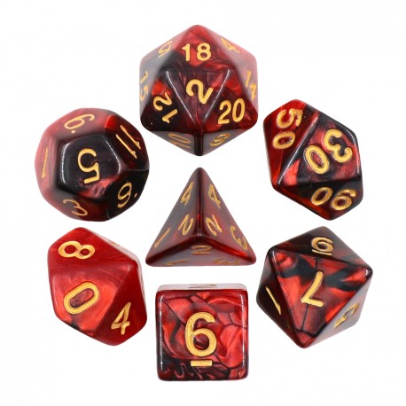 kit de 7 dés pearl rouges et noirs ecriture dorée