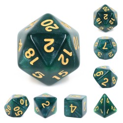 set de 7 dés pailletés verts et noirs écriture dorée